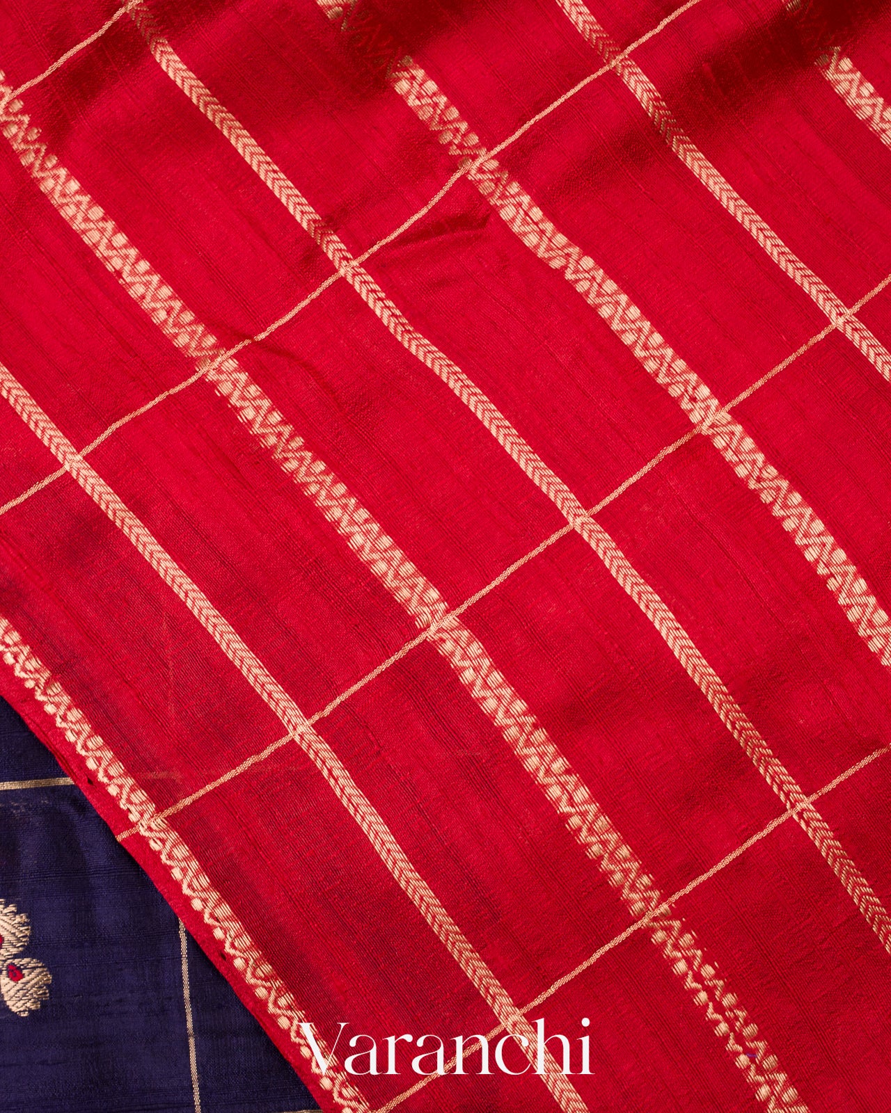 Inky Navy Blue Checks Raw Silk Handloom Saree 