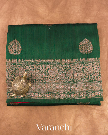 Dark Green and Red Pure Raw Silk Handloom Saree