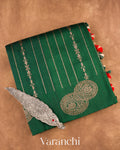 Bottle Green Striped Pure Raw Silk Handloom Saree