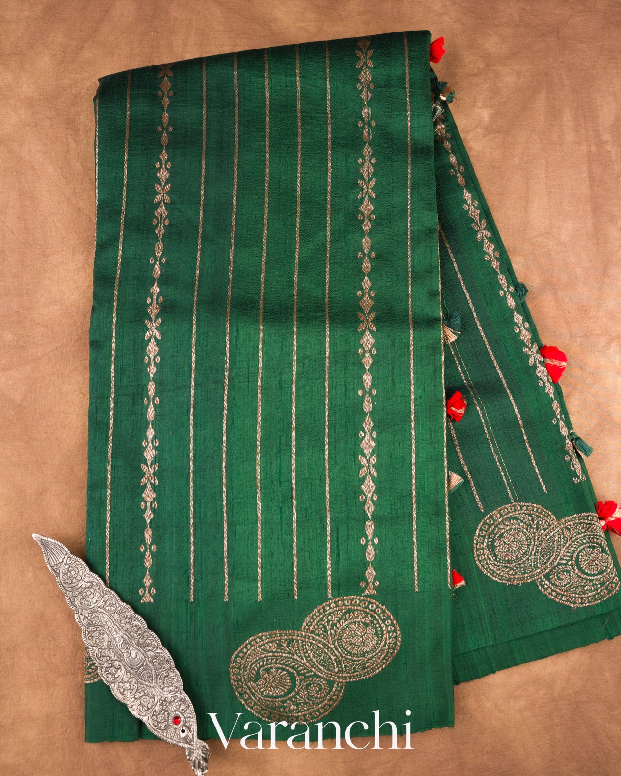 Bottle Green Striped Pure Raw Silk Handloom Saree