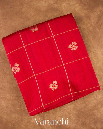 Chilli Red Checks Raw Silk Handloom Saree