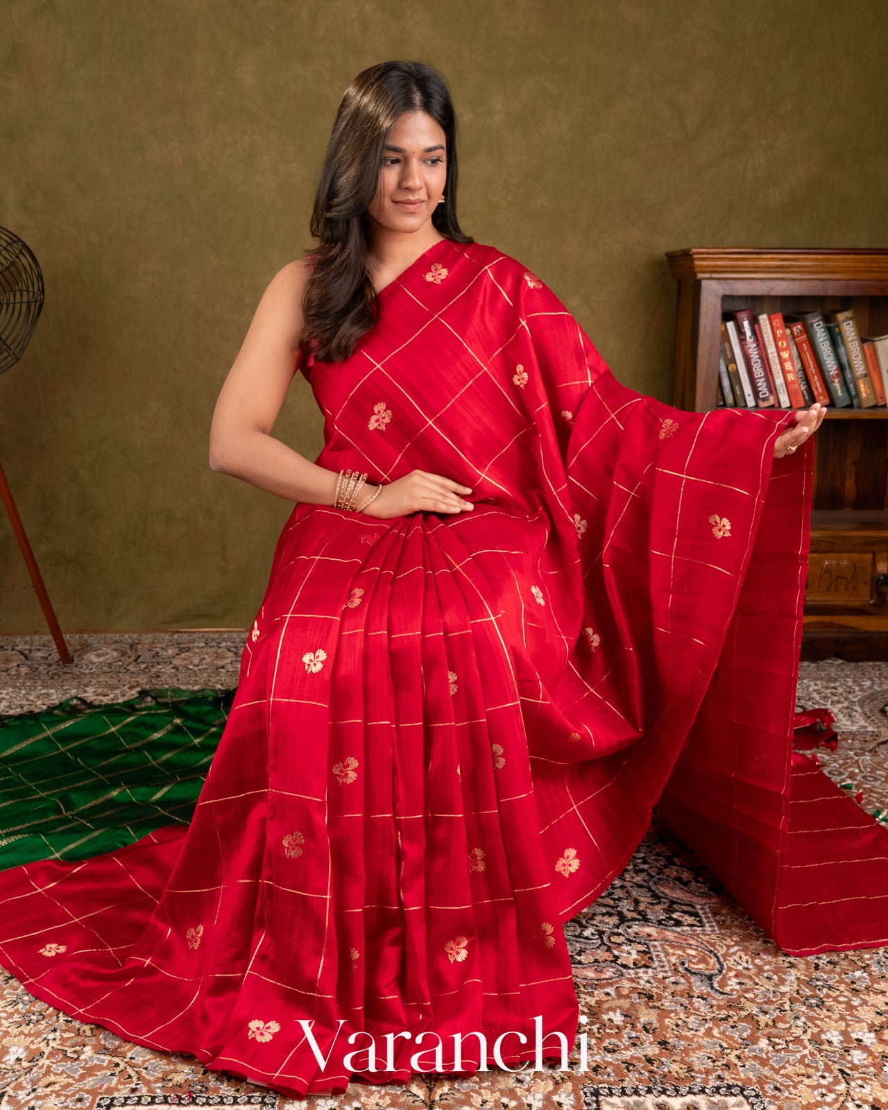Chilli Red Checks Raw Silk Handloom Saree