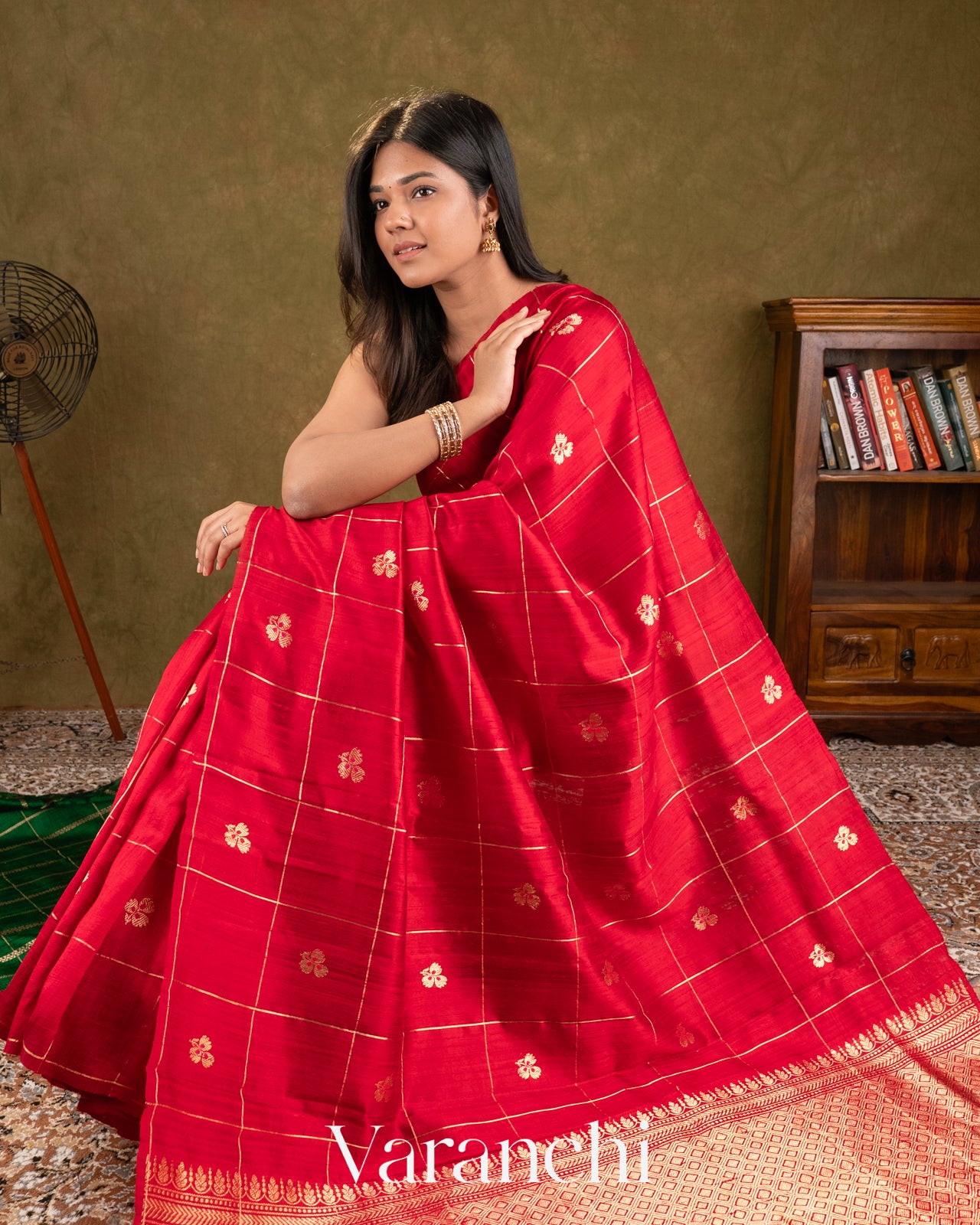Chilli Red Checks Raw Silk Handloom Saree