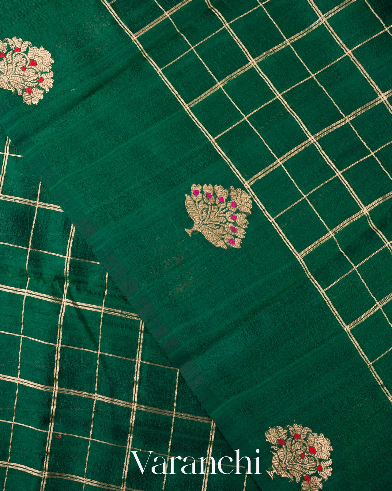 Emerald Green Checks Raw Silk Handloom Saree