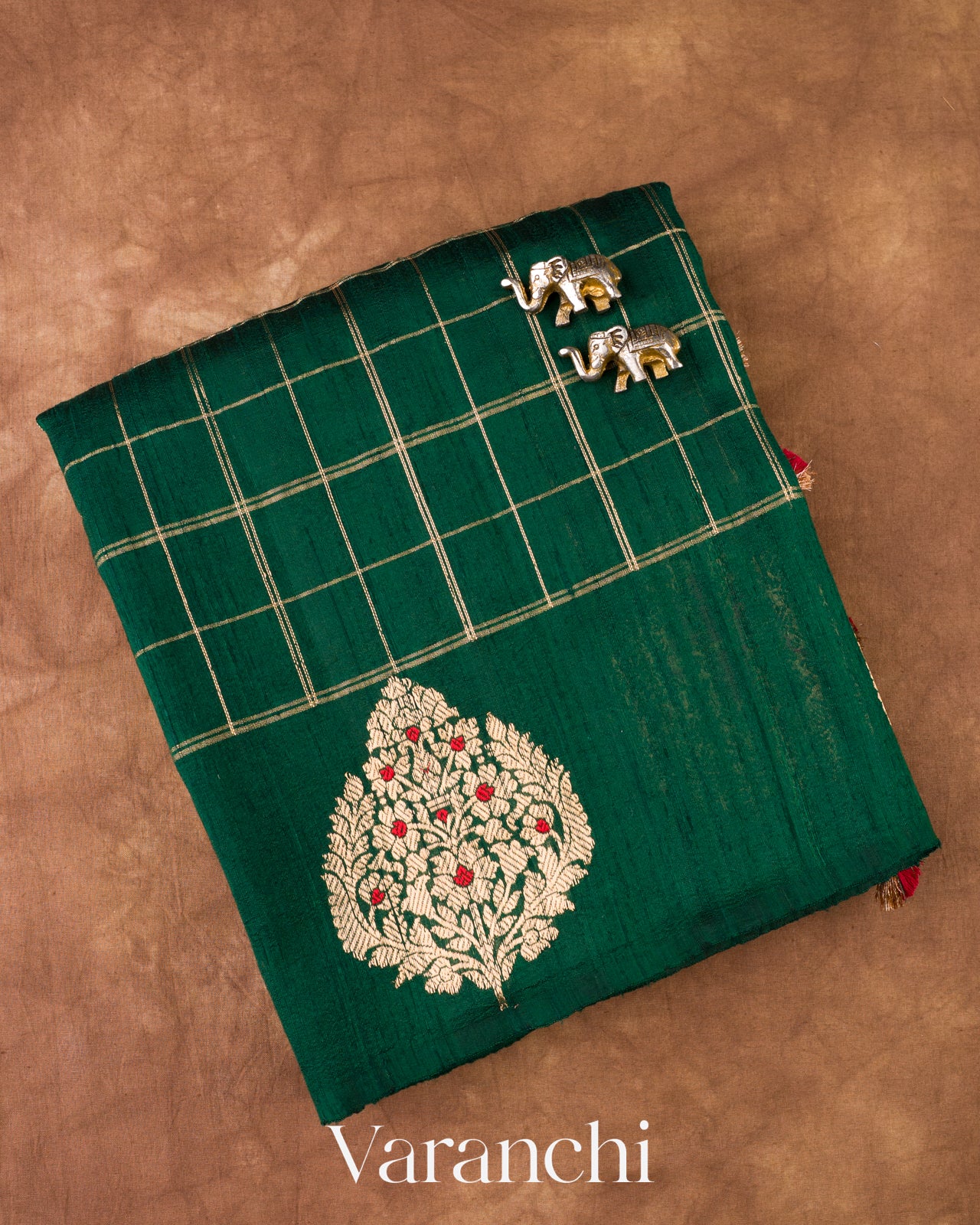 Bottle Green Checks Raw Silk Handloom Saree