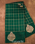 Bottle Green Checks Raw Silk Handloom Saree