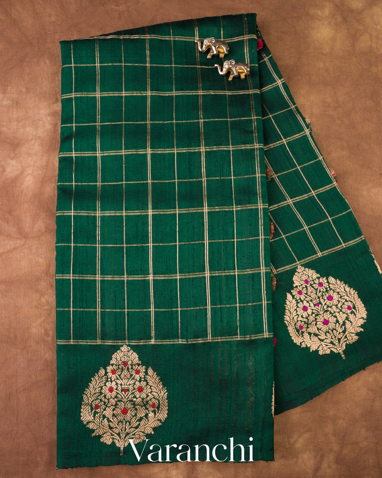 Bottle Green Checks Raw Silk Handloom Saree