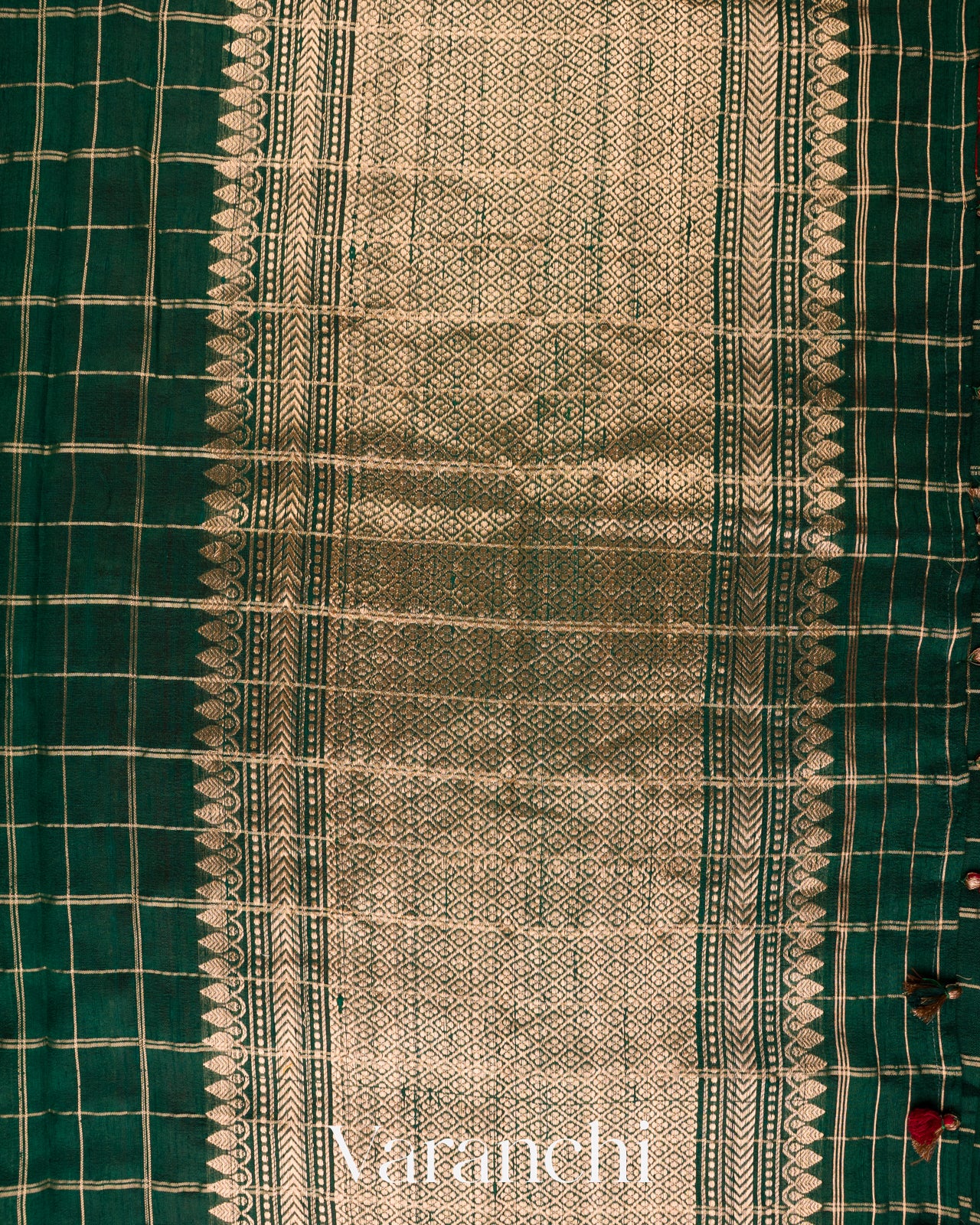 Bottle Green Checks Raw Silk Handloom Saree
