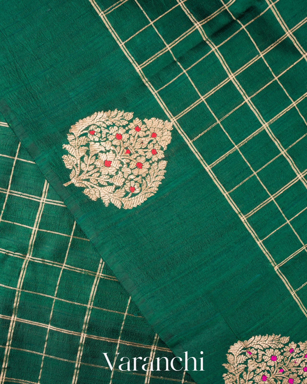 Bottle Green Checks Raw Silk Handloom Saree