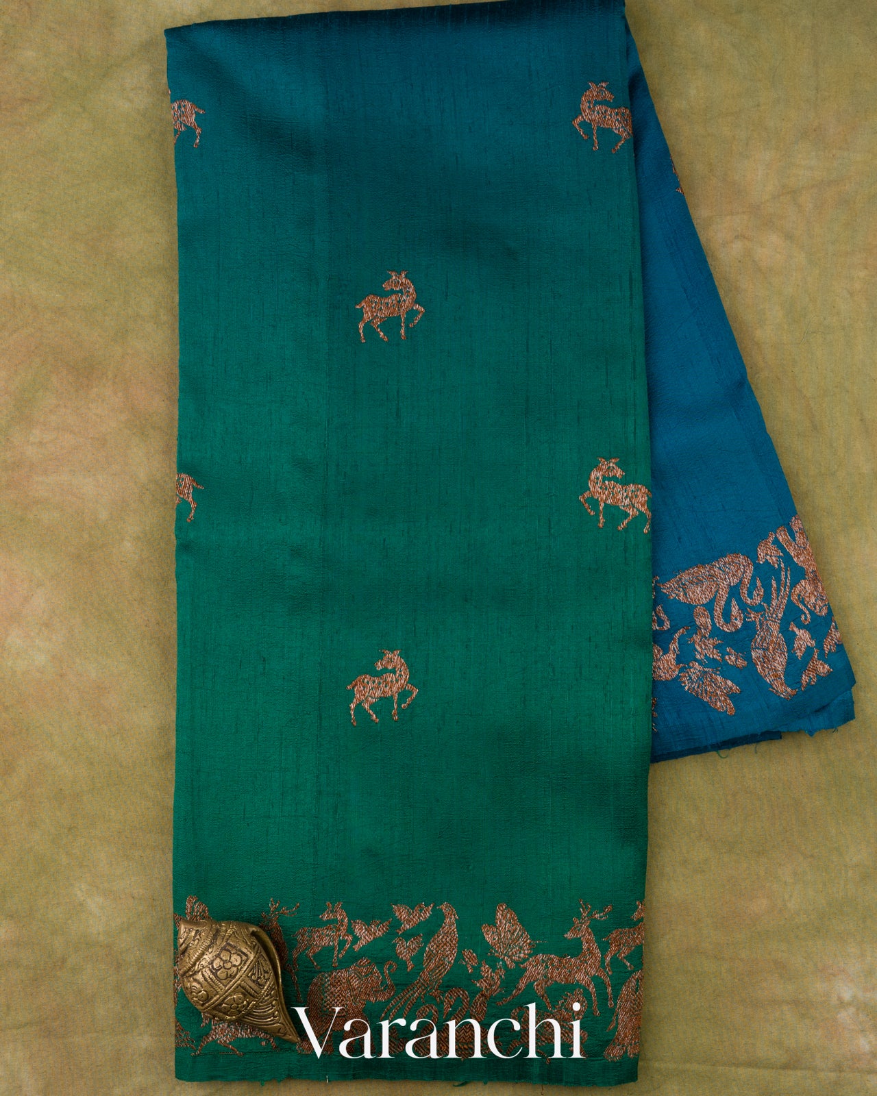 Teal Green and Teal Blue Ombre-Dyed Pure Raw Silk Handloom Saree