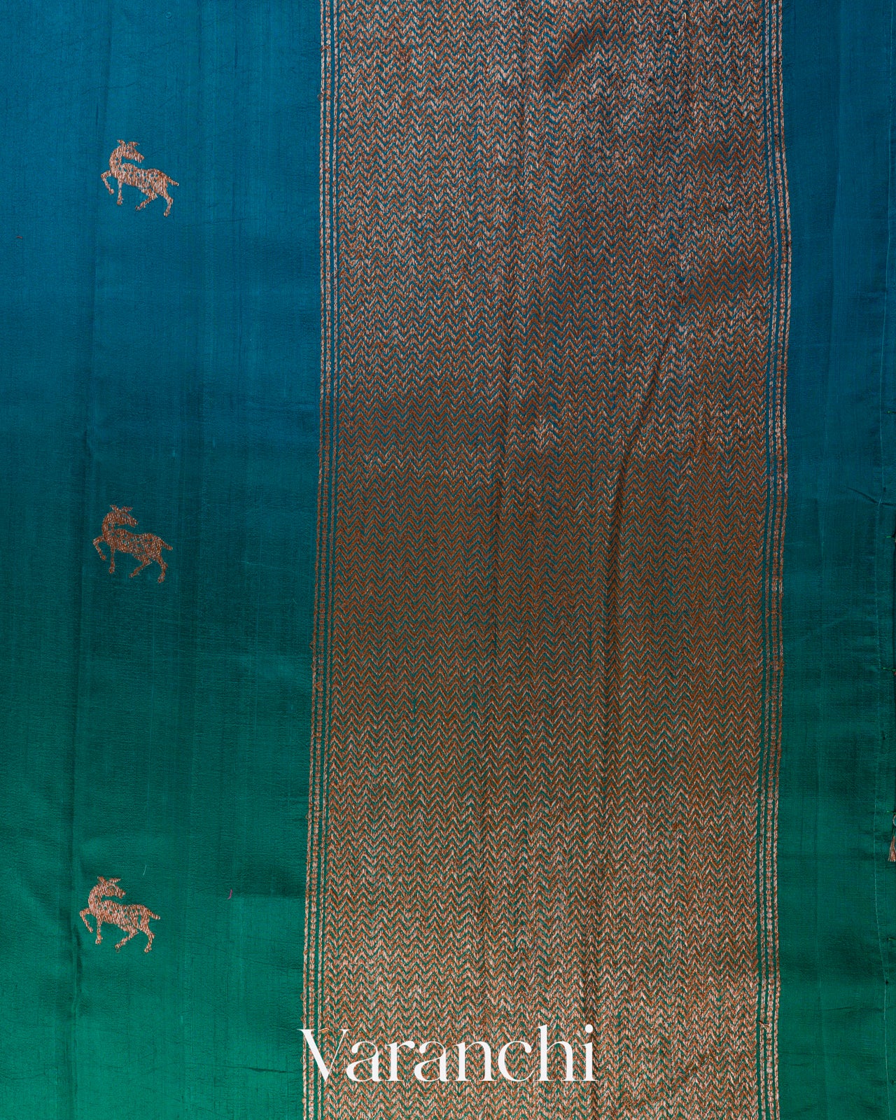 Teal Green and Teal Blue Ombre-Dyed Pure Raw Silk Handloom Saree