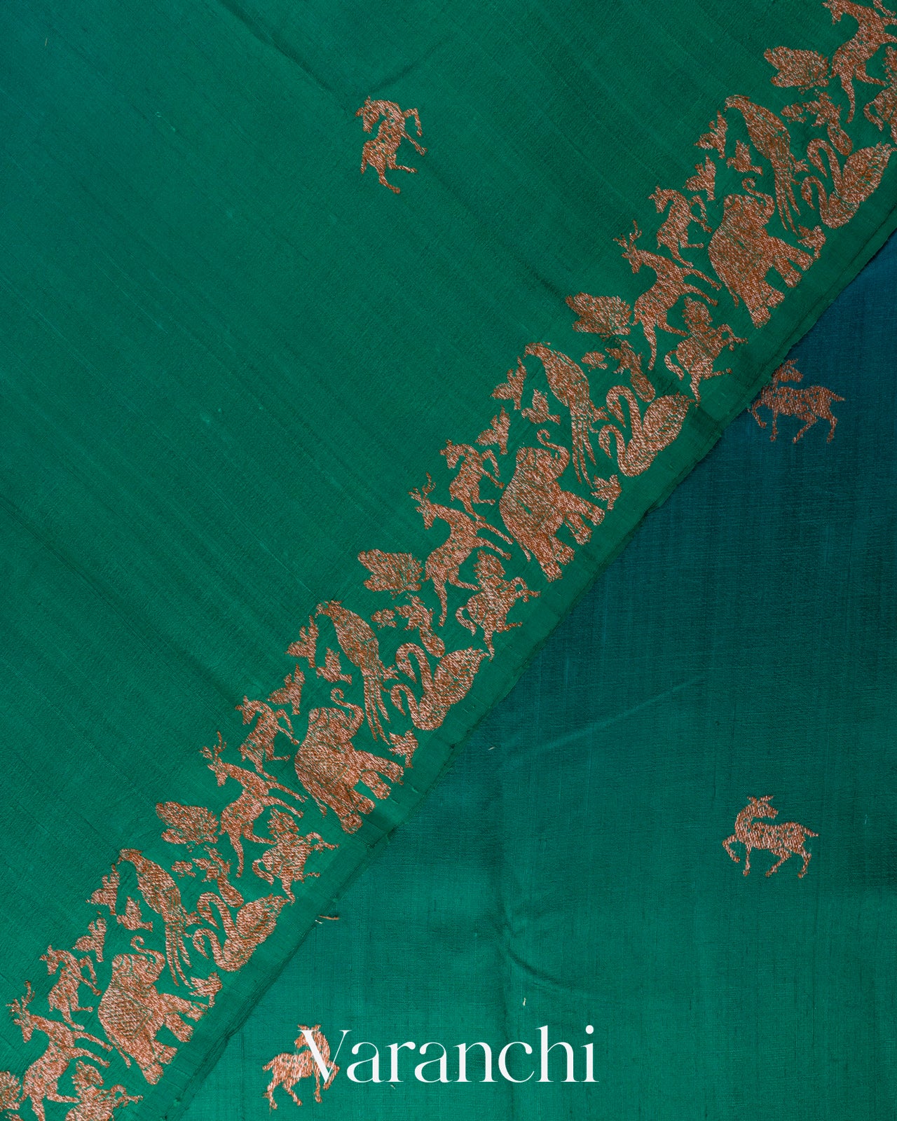 Teal Green and Teal Blue Ombre-Dyed Pure Raw Silk Handloom Saree
