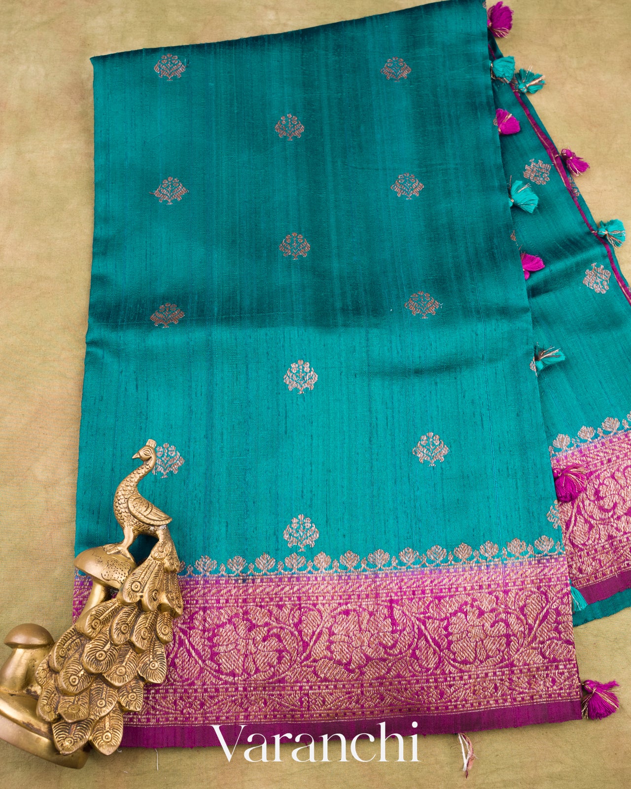 Peacock Blue Pure Raw Silk Handloom Saree