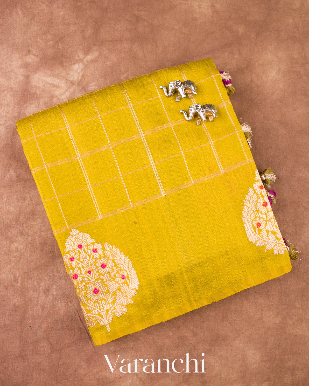 Lime Mustard Checks Raw Silk Handloom Saree