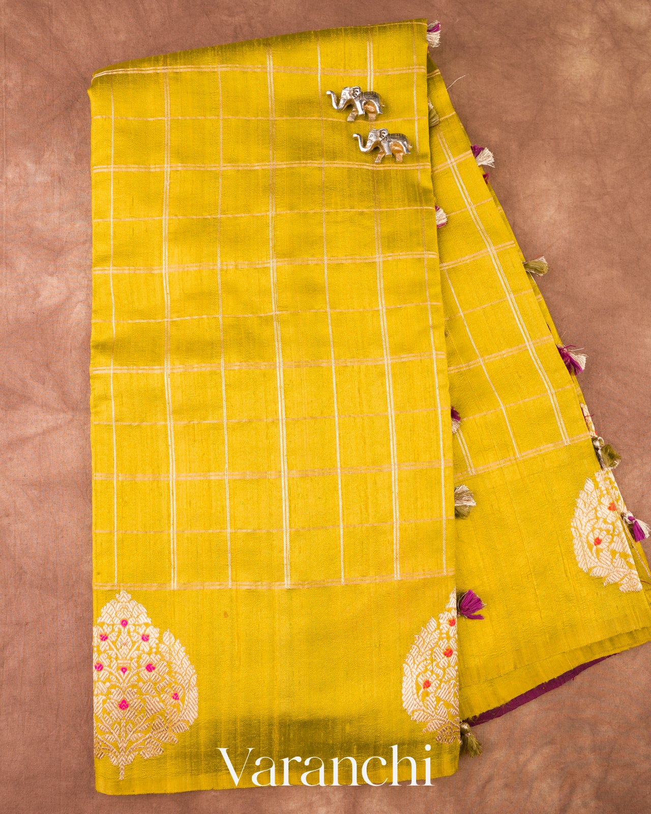 Lime Mustard Checks Raw Silk Handloom Saree