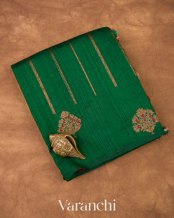 Emerald Green Striped Pure Raw Silk Handloom Saree 