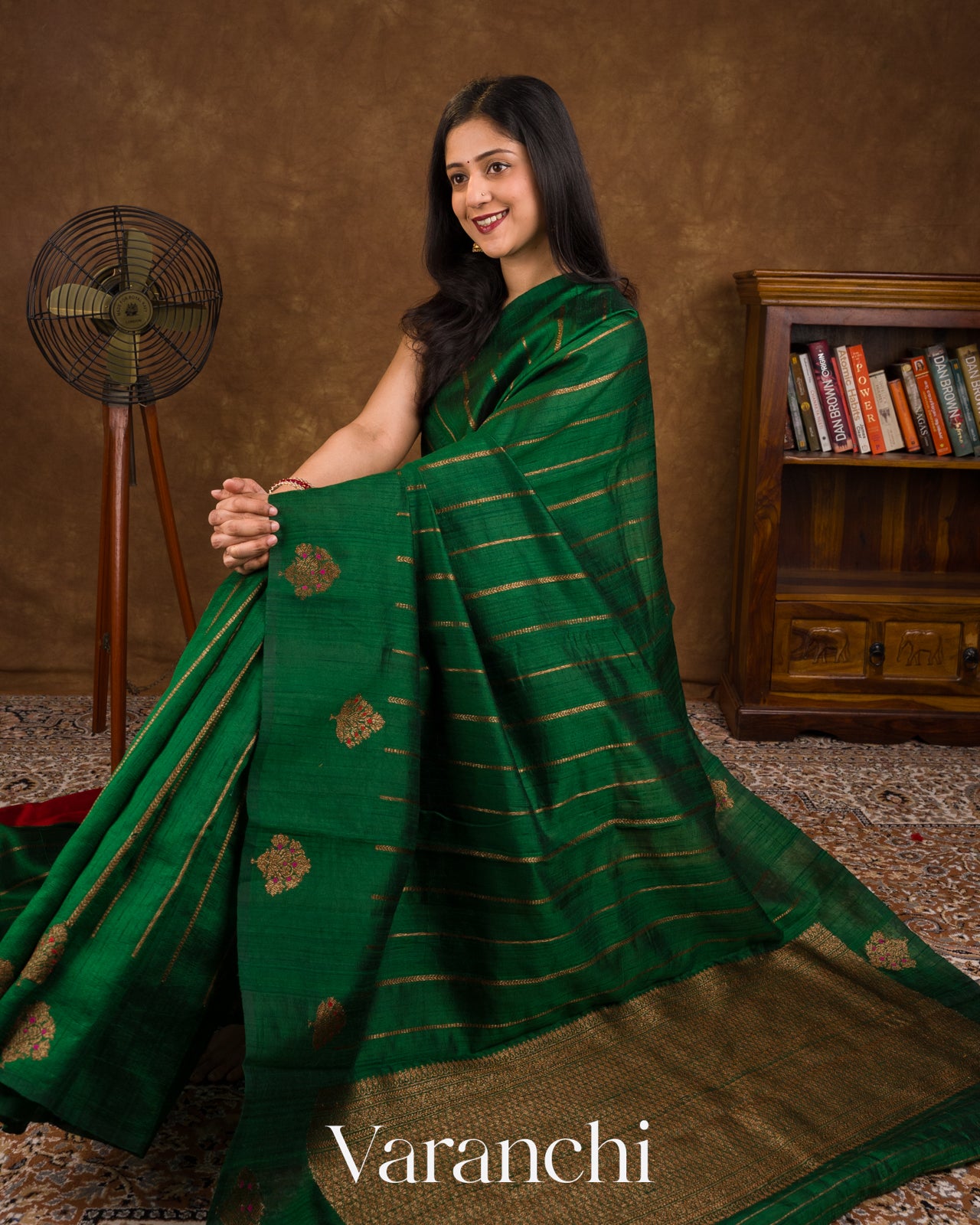 Emerald Green Striped Pure Raw Silk Handloom Saree 