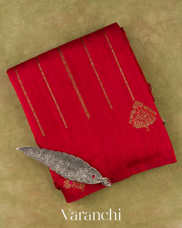 Sindoor Red Borderless Striped Pure Raw Silk Handloom Saree draft m
