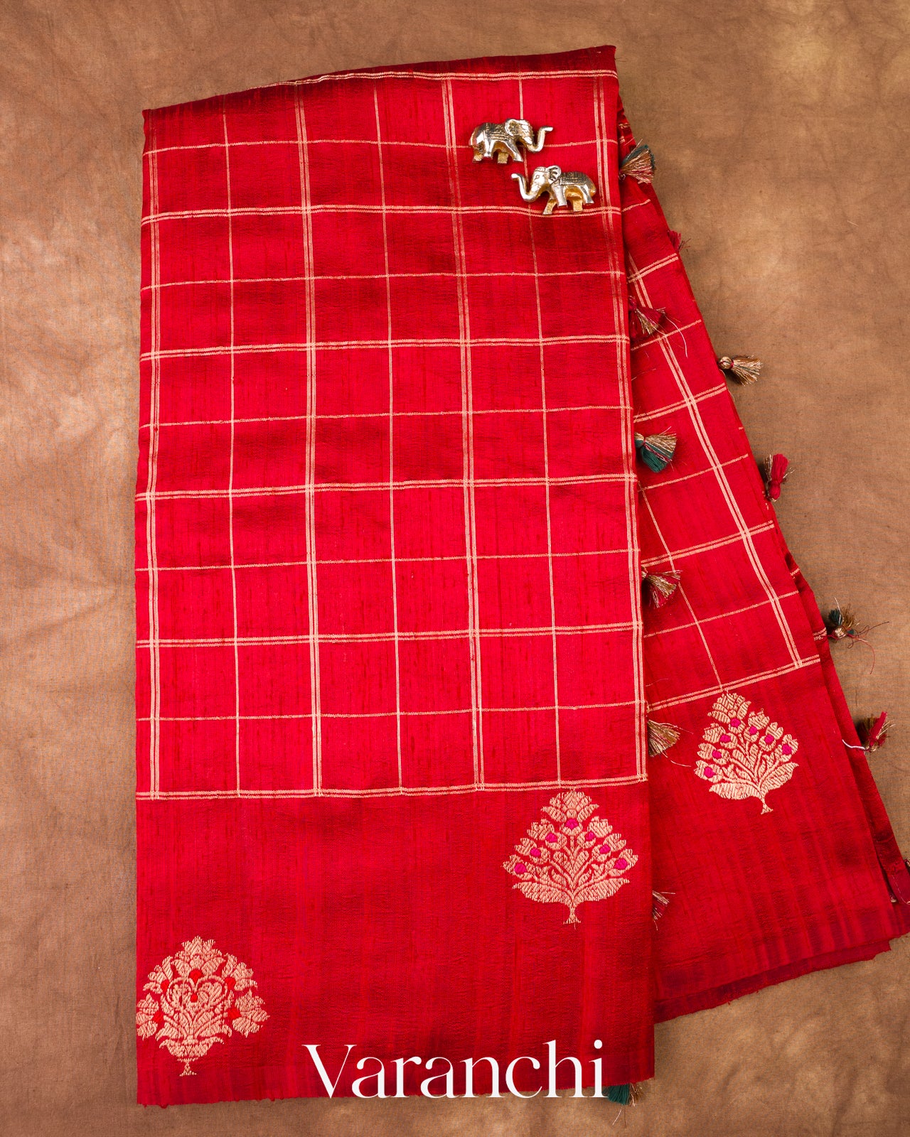 Maroon Red Checks Raw Silk Handloom Saree 