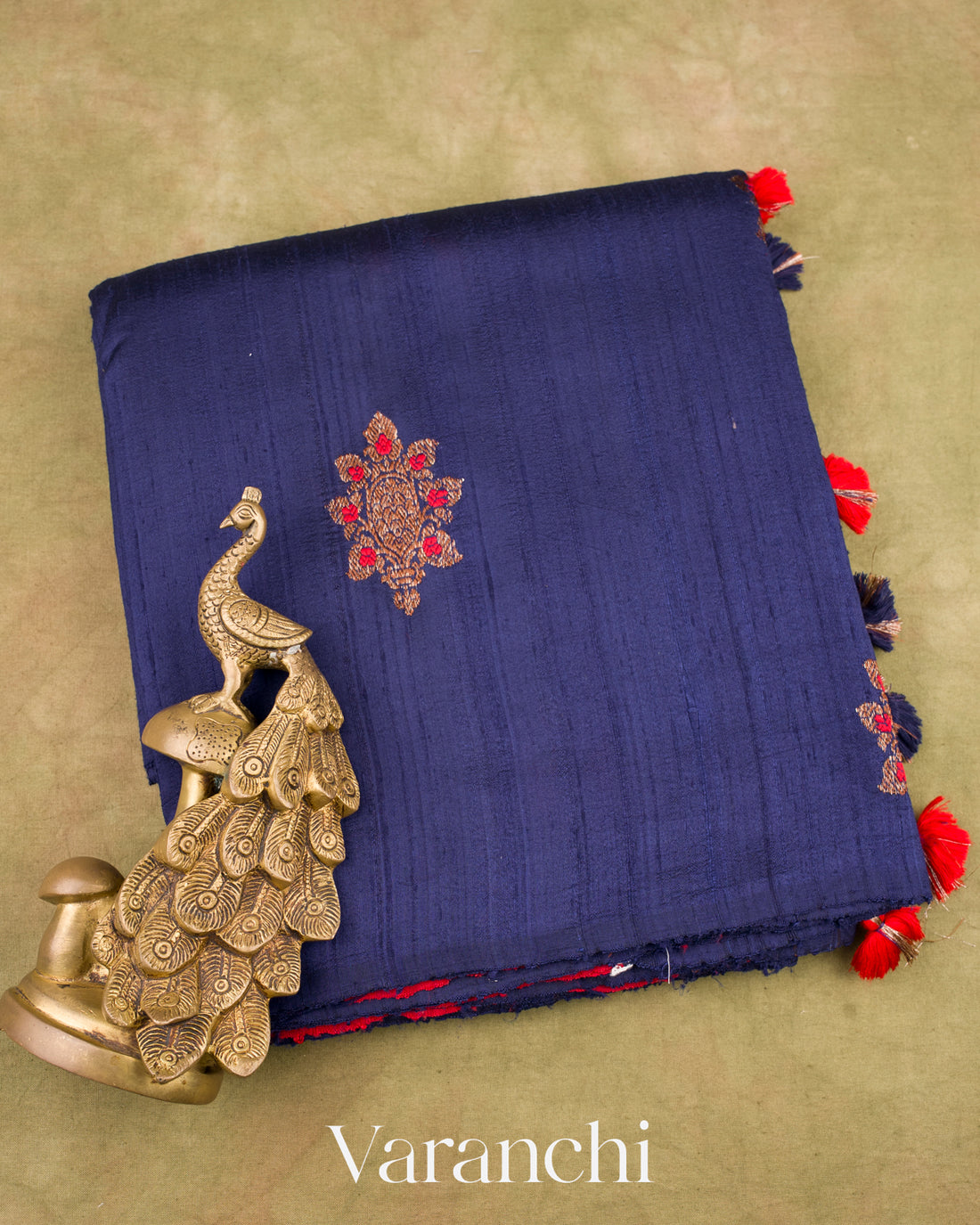Navy Blue Borderless Pure Raw Silk Handloom Saree