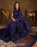 Navy Blue Borderless Pure Raw Silk Handloom Saree