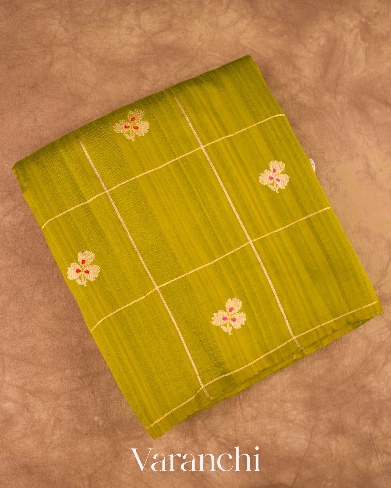 Lime Yellow Green Checks Raw Silk Handloom Saree  