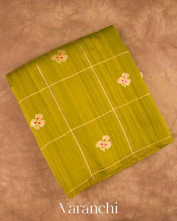 Lime Yellow Green Checks Raw Silk Handloom Saree  