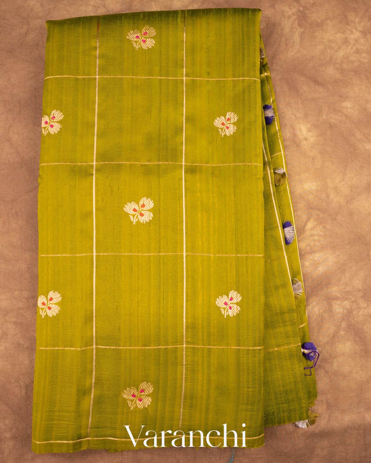 Lime Yellow Green Checks Raw Silk Handloom Saree  