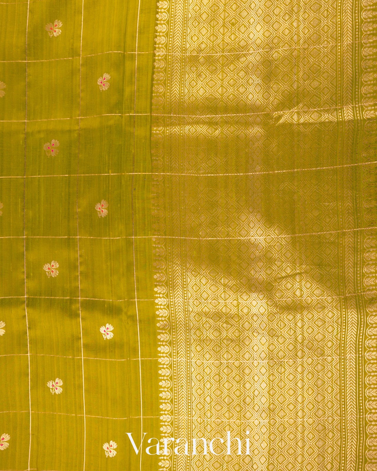 Lime Yellow Green Checks Raw Silk Handloom Saree  