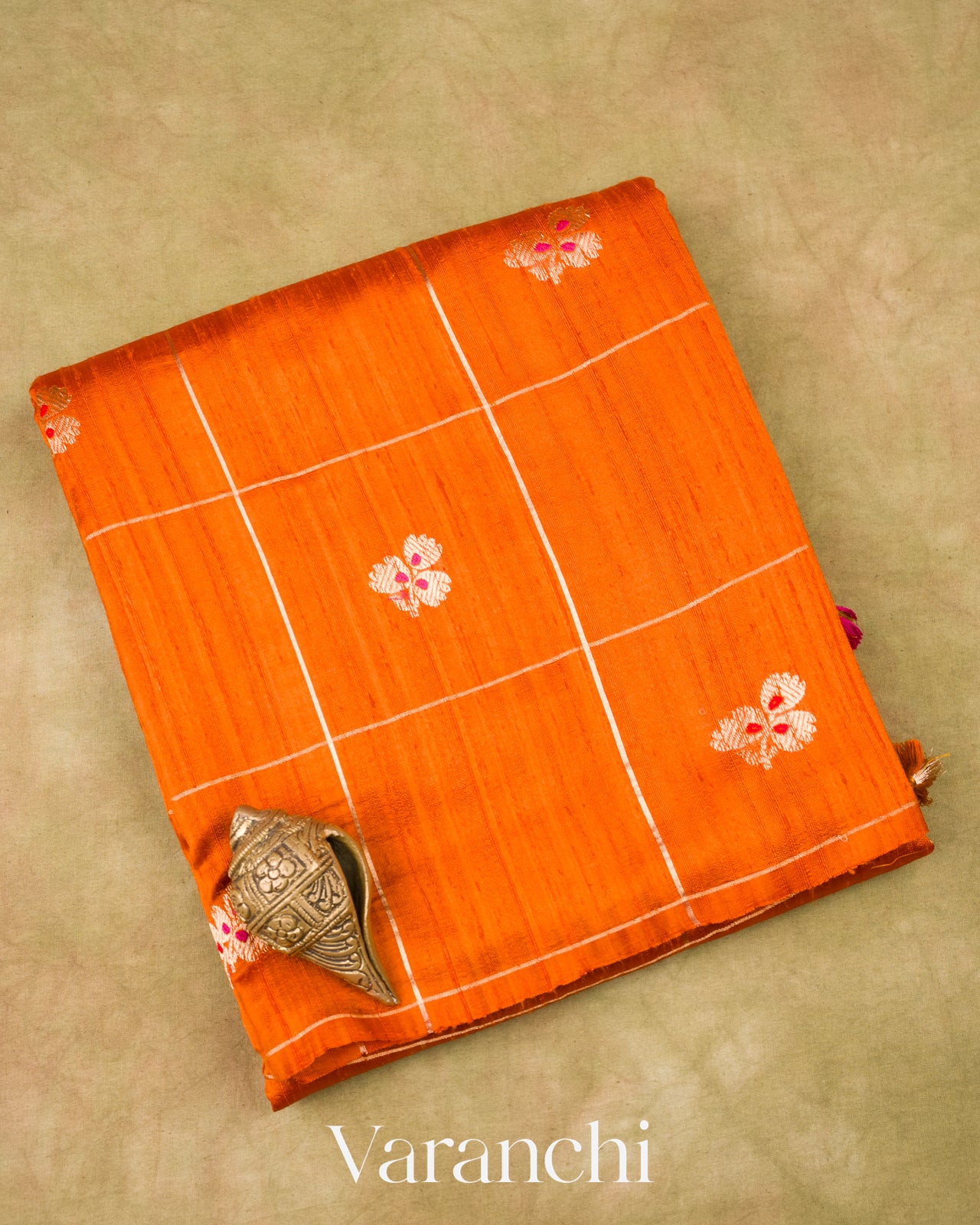 Burnt Orange Checks Raw Silk Handloom Saree 