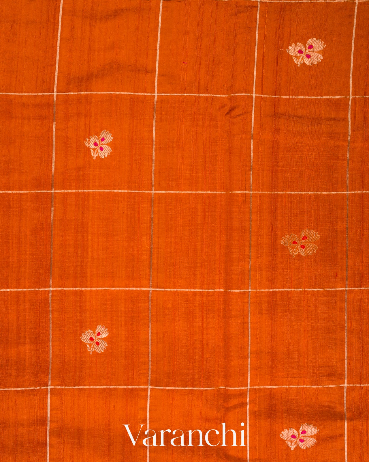Burnt Orange Checks Raw Silk Handloom Saree 