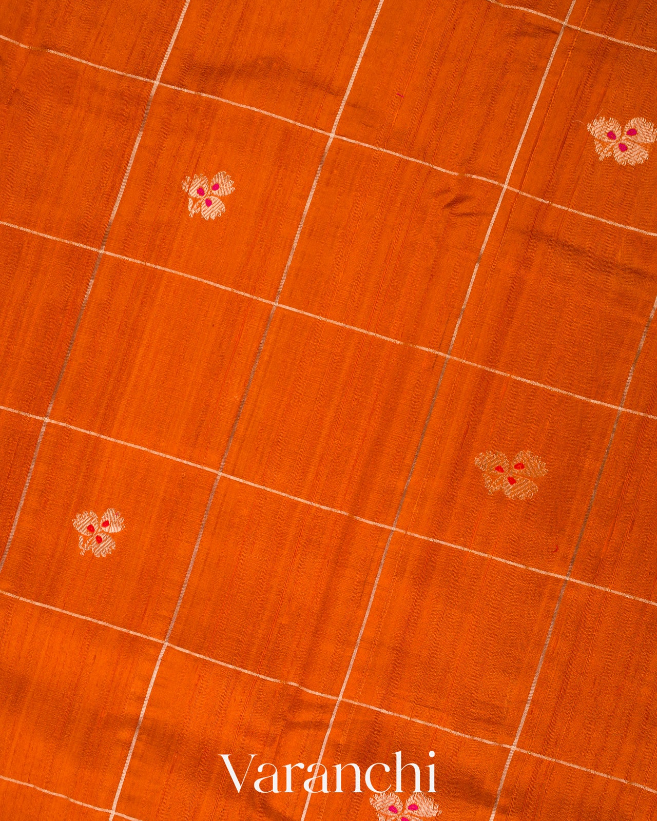 Burnt Orange Checks Raw Silk Handloom Saree 