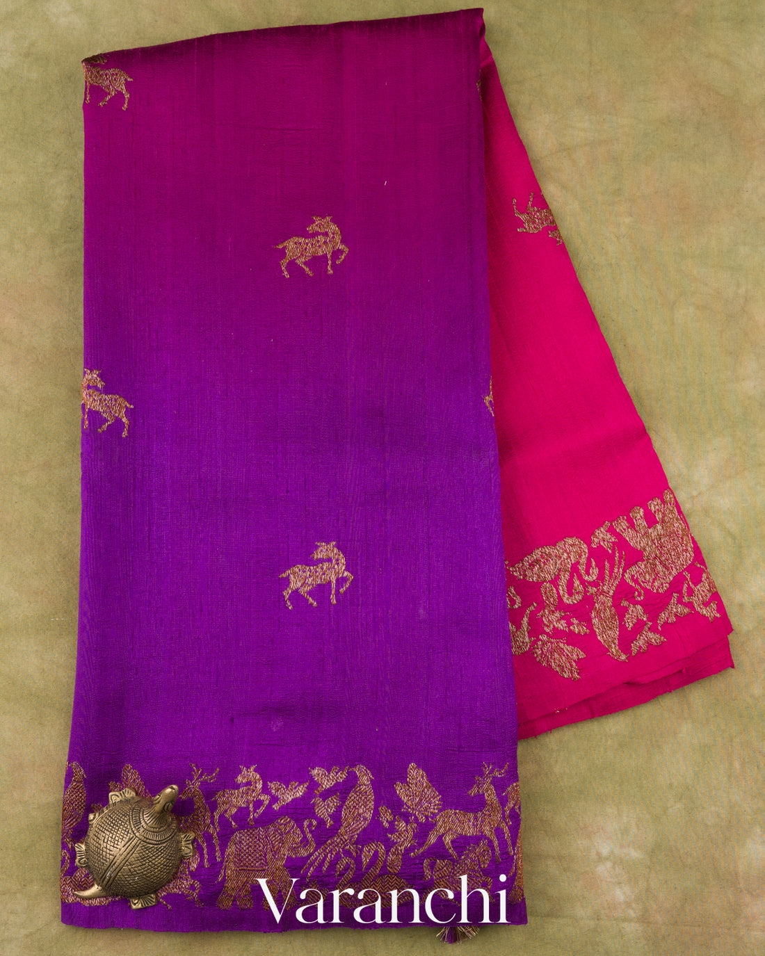Purple and Rani Pink Ombre-Dyed Pure Raw Silk Handloom Saree