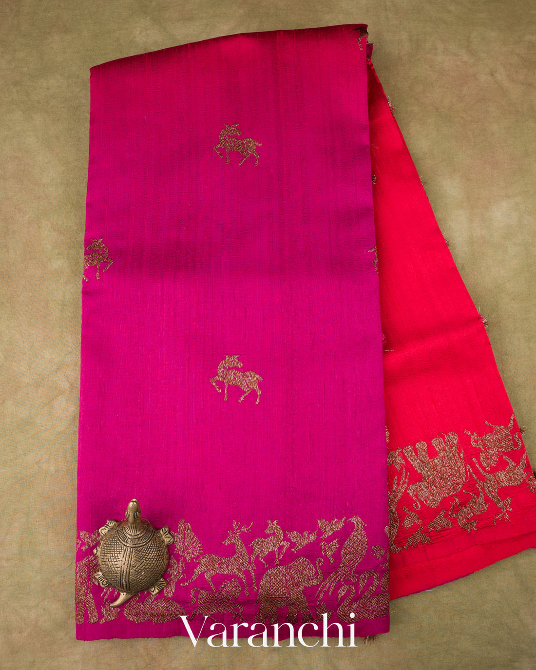 Rani Pink And Orange-Red Raw Silk Handloom Saree