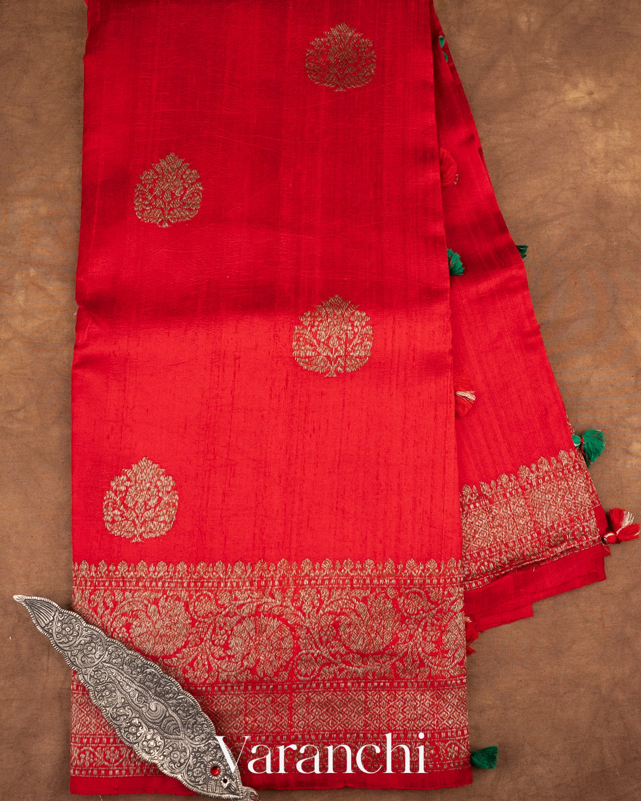 Ruby Red Raw Silk Handloom Saree 