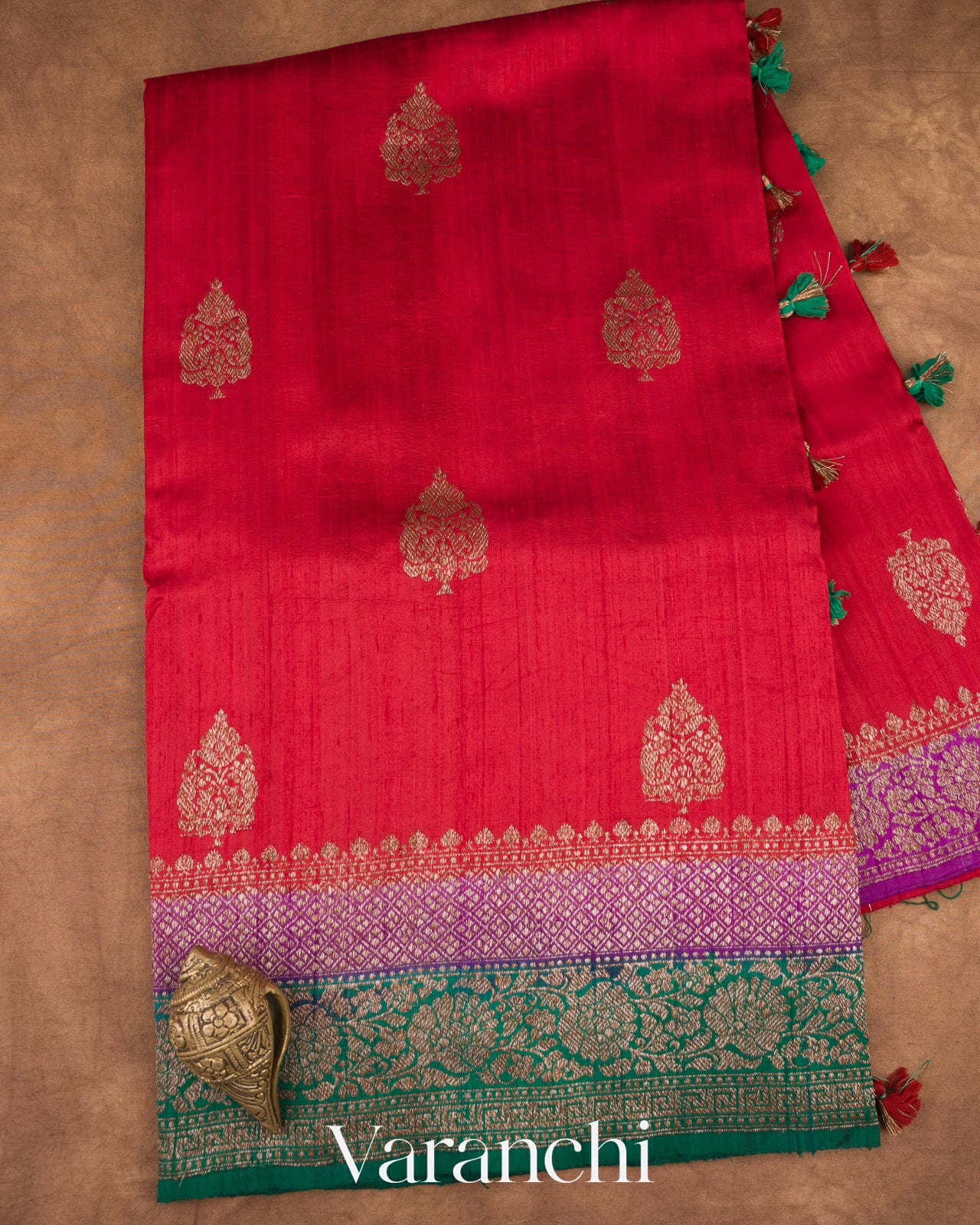 Ruby Red Pure Raw Silk Handloom Saree