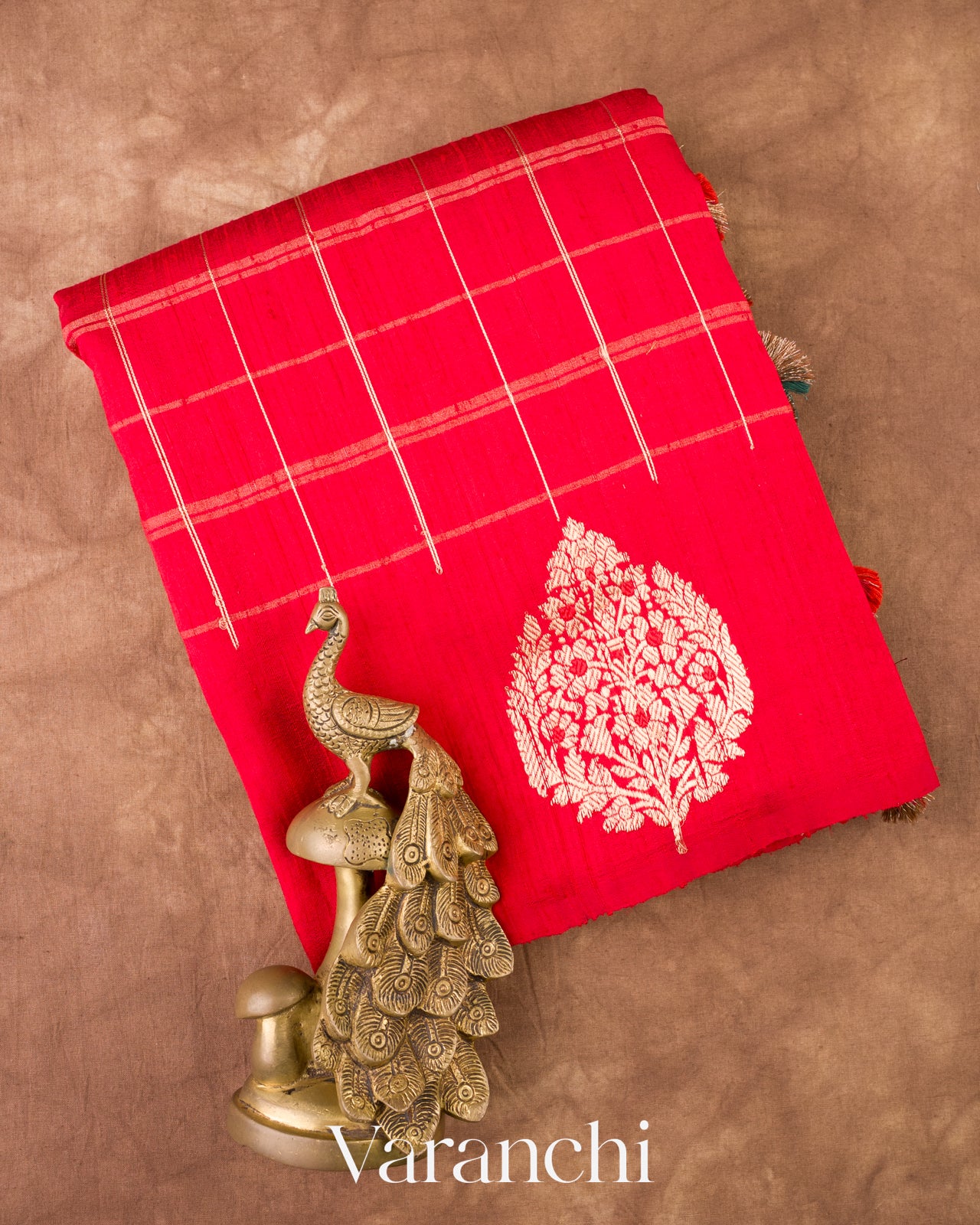 Ruby Red Checks Raw Silk Handloom Saree