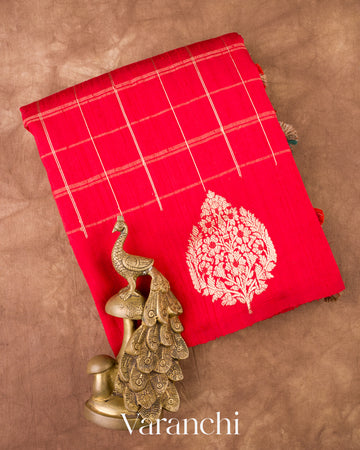 Ruby Red Checks Raw Silk Handloom Saree