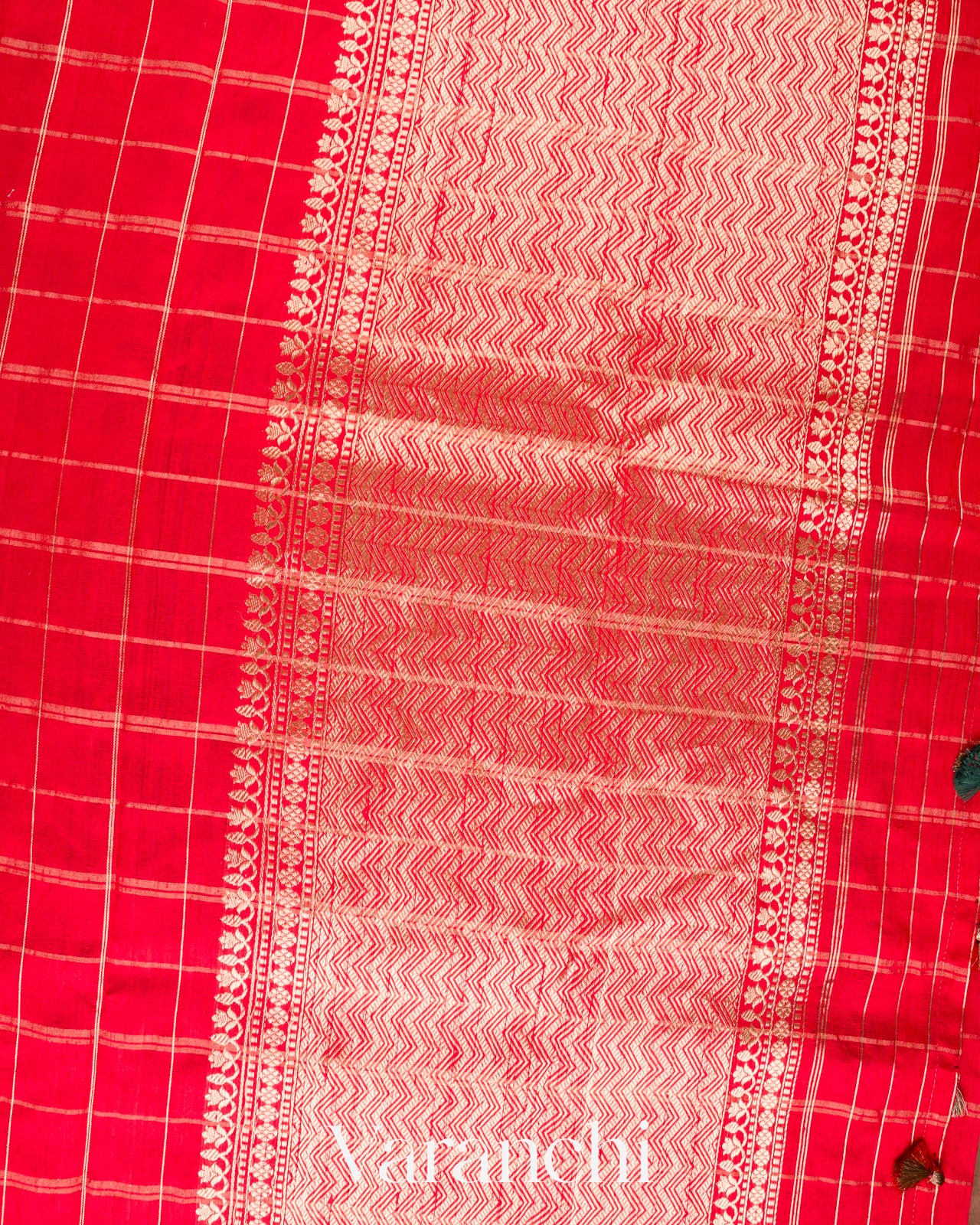 Ruby Red Checks Raw Silk Handloom Saree