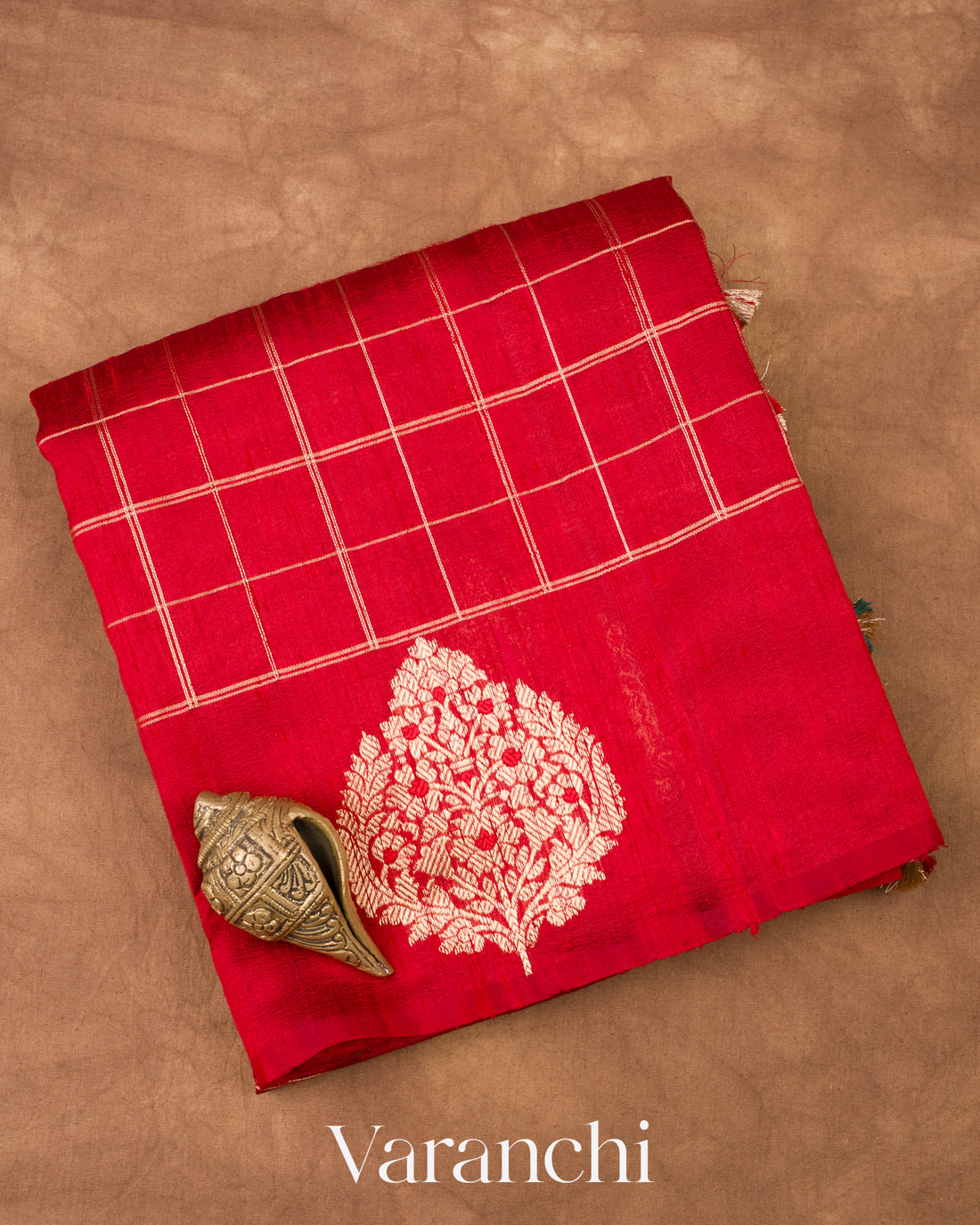 Crimson Red Checks Pure Raw Silk Handloom Saree