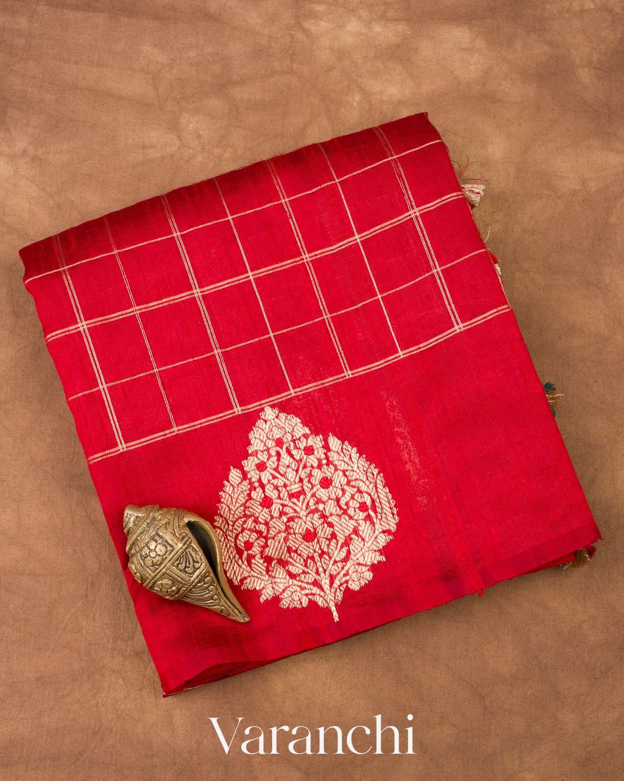 Crimson Red Checks Pure Raw Silk Handloom Saree