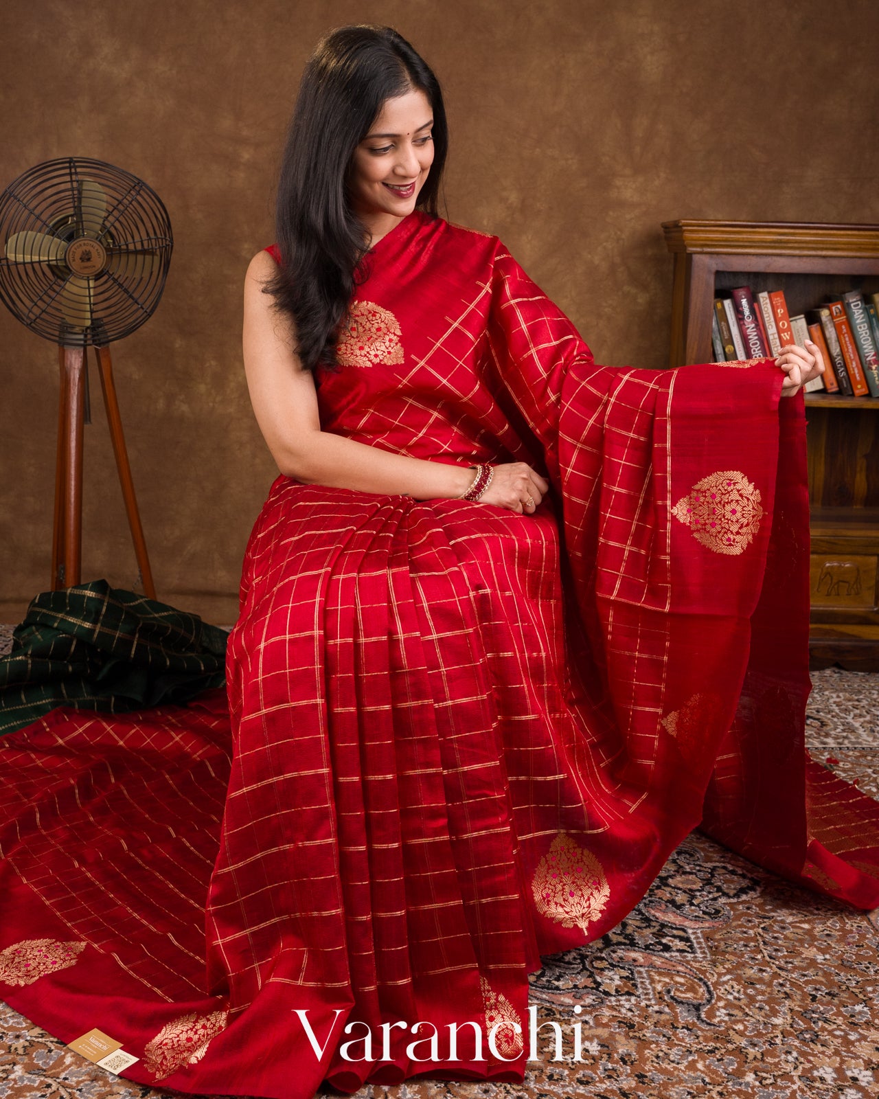 Crimson Red Checks Pure Raw Silk Handloom Saree