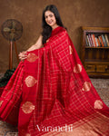 Crimson Red Checks Pure Raw Silk Handloom Saree