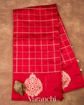 Crimson Red Checks Pure Raw Silk Handloom Saree