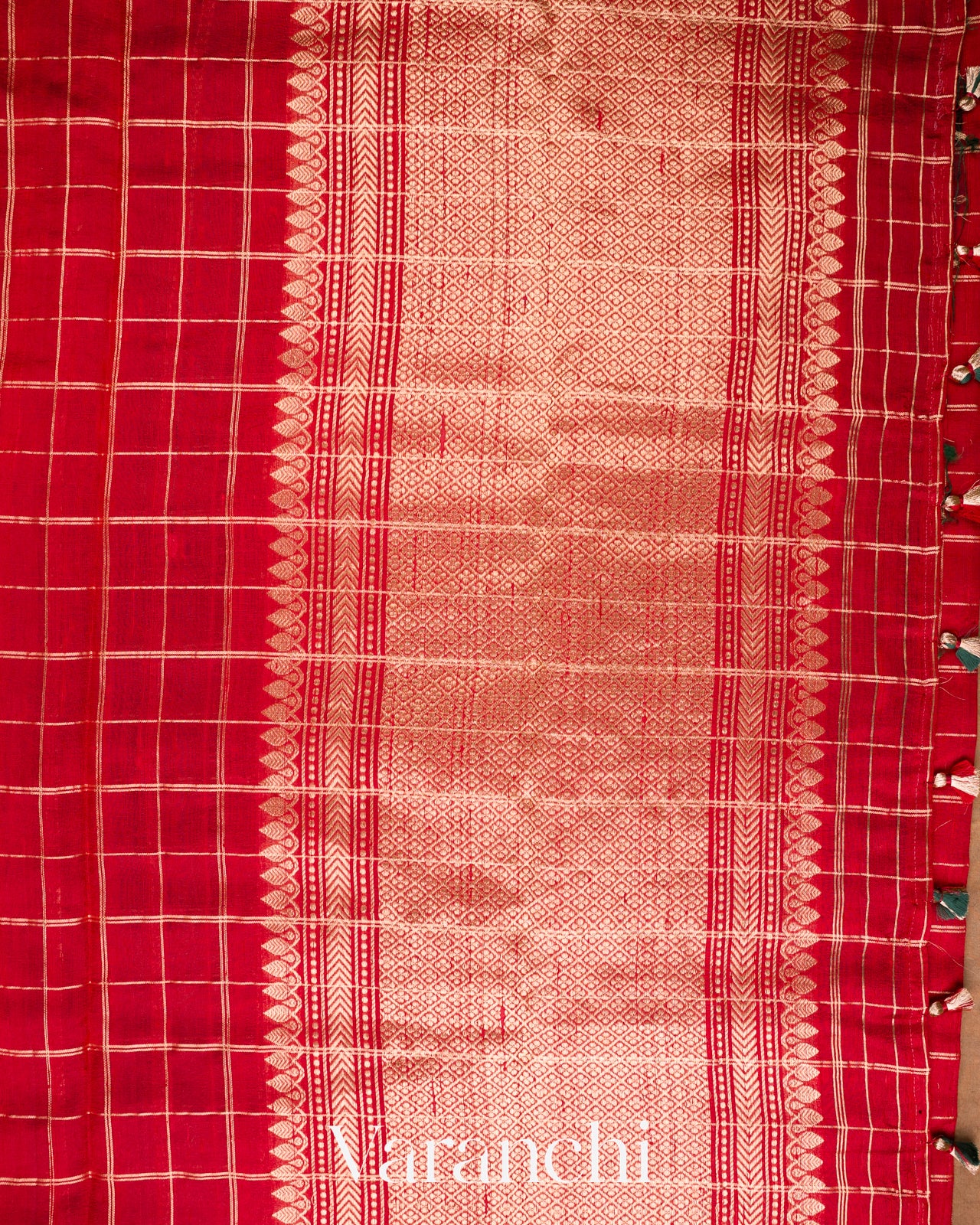 Crimson Red Checks Pure Raw Silk Handloom Saree