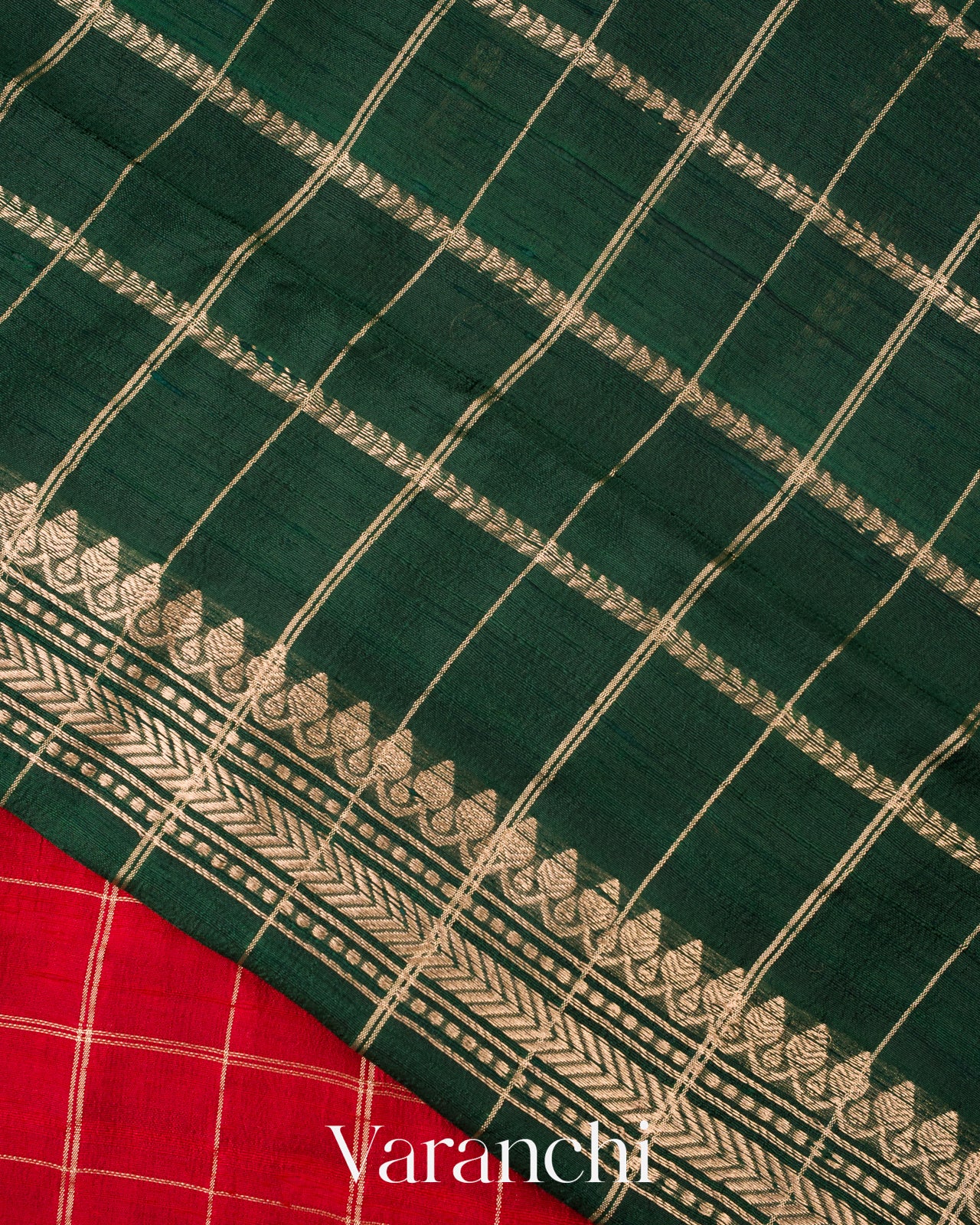 Crimson Red Checks Pure Raw Silk Handloom Saree