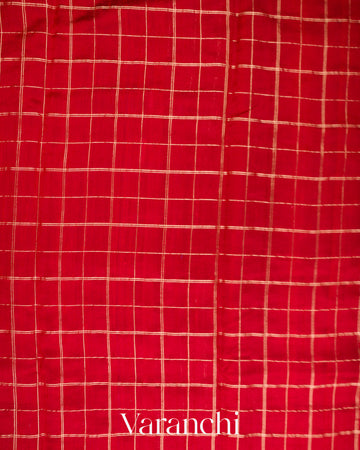 Crimson Red Checks Pure Raw Silk Handloom Saree