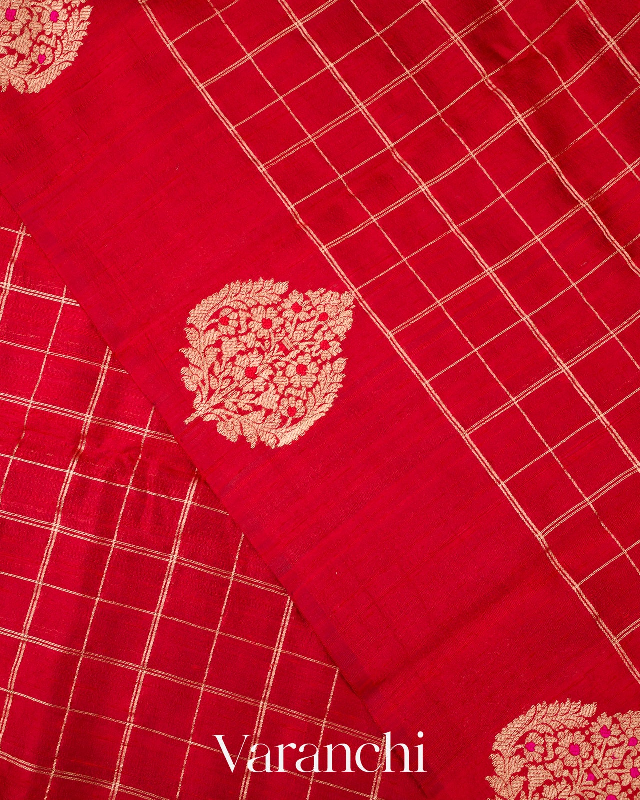 Crimson Red Checks Pure Raw Silk Handloom Saree