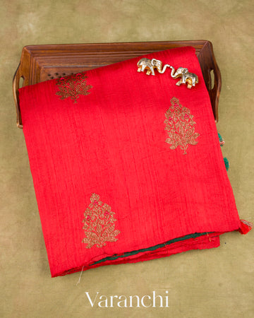 Red Borderless Pure Raw Silk Handloom Saree
