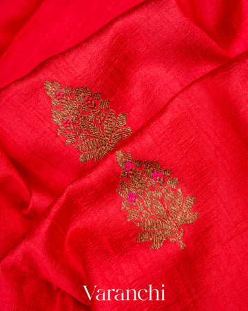 Red Borderless Pure Raw Silk Handloom Saree